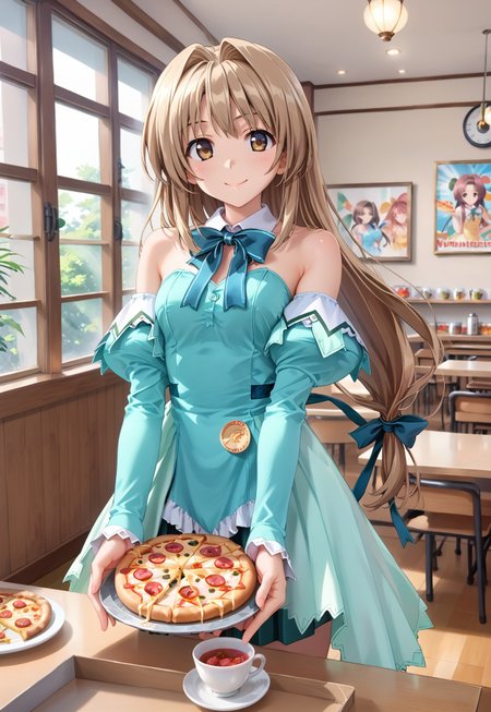 score_9, score_8_up, score_7_up, score_6_up, score_5_up, score_4_up, source_anime,(masterpiece:1.3), (high quality:1.3),1girl,solo.rumi, Floral Mint outfit ,brown hair,(low-tied long hair:1.2),(blue hair bow:1.2),smile,brown eyes,restaurant,looking at viewer,pizza,standing,bare shoulders,