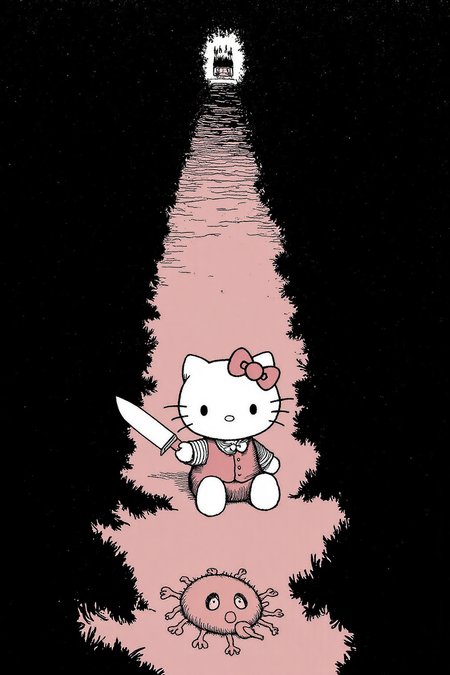 whrob1 illustration Hello Kitty in the middle of the forest holding a knife, the atmosphere and the character looks scary, Hello Kitty is hidden by the shadows.