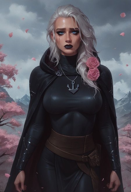 score_9, score_8_up, score_7_up, (realistic:1.2), mysterious girl, alluring goddess,, smooth, very detailed, etra detailed, intricate details, highly detailed,  masterpiece, best quality, amazing quality, (wet hair:1.2), 1girl, solo, cherry blossoms falling around her, misty mountains in the background, sad, tears:1.2, (crying woman:1.1),  beautiful woman, curvy, Jaina Proudmoore, 1girl, mature female, (bicoloured hair:1.2), white hair, (blonde hair:1.1), blue eyes, pupils, storm, (small anchor necklace:1.2), (cowboy shot:1.1), windy:1.2, mountains at the background, black lips, sith lord, star wars, sith, black hood, black cape, hood on head, turtleneck, (total black clothing:1.2), jainapost, (fully clothed), (she holding pink rose:1.3),,roses, pink roses, roses, rose petals, rose, (dramatic atmosphere), (detailed background), (three-quarter view), (running mascara:1.1) , (fully clothed:1.2)
