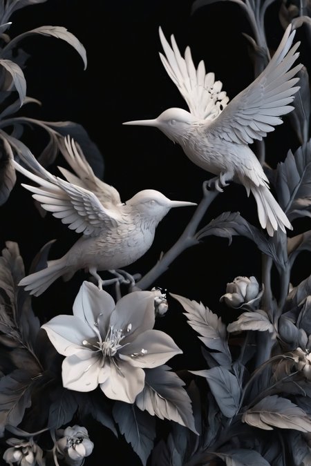 <lora:3DPrintingXL:1>,
masterpiece,(best quality),
official art,extremely detailed cg 8k wallpaper,
((crystalstexture skin)),(extremely delicate and beautiful),highly detailed,
WhiteMold, art style, 3d printed mold, flower, black background, simple background, bird, plant, no humans
