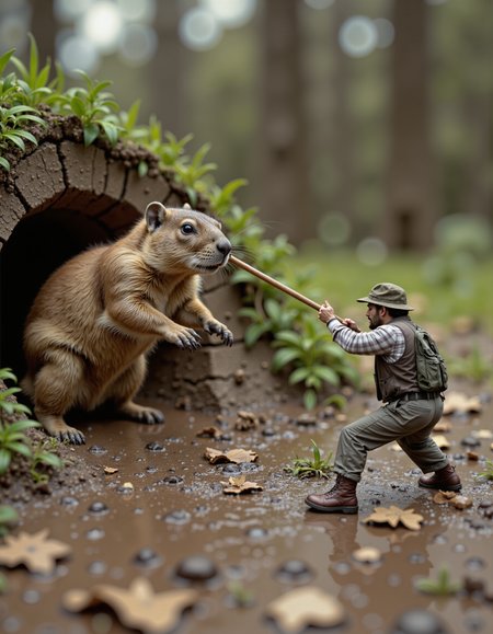 raw photo, a miniature men with stick  as spear fighting a groundhog exiting it's hole, groundhog towers above him, 