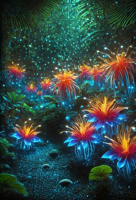score_9, score_8_up, score_8, masterpiece, high detailed, very detailed,  HD, best quality, hyper detailed, ultra detailed, super realistic, close-up, macro 100mm, macro photography,
 incredibly beautiful Bioluminescent flowers in bright and saturated colors. Let it be a magical garden filled with exotic plants and bright buds. Add a soft light that creates an atmosphere of calm and harmony. Include a variety of shapes and textures of colors to emphasize their beauty and uniqueness. The background can be blurred to focus on the colors. 
dynamic angle, dynamic lighting,
