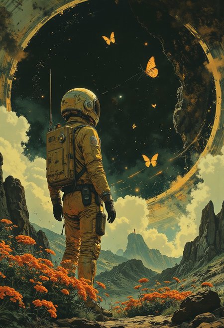 an astronaut standing sideways on with his head raised. Small bright yellow butterflies flutter above it, it stands on an unknown planet, but with very contra vegetation, beautiful flowers
