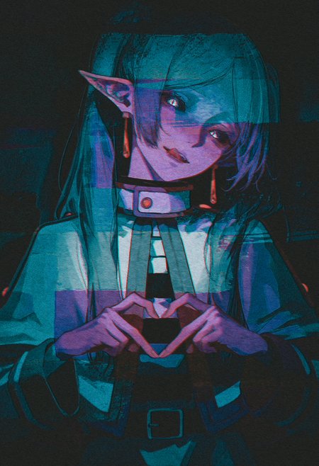 (by rolua, by roitz \( roitz \):1.2), (by mika pikazo:1.1),  (by kagoya1219:1.1), by ask \(askzy\),  film grain, (limited palette:1.2), realistic, 
masterpiece, best quality, amazing quality, very aesthetic, 
frieren, solo, yandere, black-blue theme, dark, green glowing eyes, slit pupils, black sclera, (head tilt:1.3), staring, full-face blush,  creepy theme, multicolored background, licking lips, 4-finger heart hands, 
<lora:nhl-001-20:0.9> nhl-001