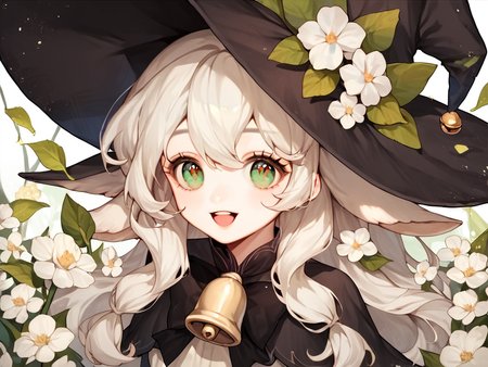 score_9, score_8_up, score_7_up, score_6_up, score_5_up, score_4_up,
<lora:cute_style_pony_v2:0.6>,CuteStyle,cuteeyes,
, 1girl, solo, hat, bell, flower, witch hat, white flower, bow, smile, long hair, open mouth, hat flower
