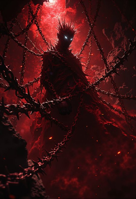 A haunting, surreal scene of a figure fully cocooned in spiked chains, suspended in a dark, crimson-lit void. The jagged chains stretch outward in every direction, their barbs glowing faintly in the oppressive red haze. Mist and shadows weave through the composition, heightening the otherworldly atmosphere. The glowing red light accentuates the sharp metallic texture of the chains, creating a suffocating and nightmarish environment that exudes dread and despair. <lora:Elden_Ring_-_Yoshitaka_Amano.safetensors:1.0>,  <lora:black_fantasy.safetensors:1.0>,