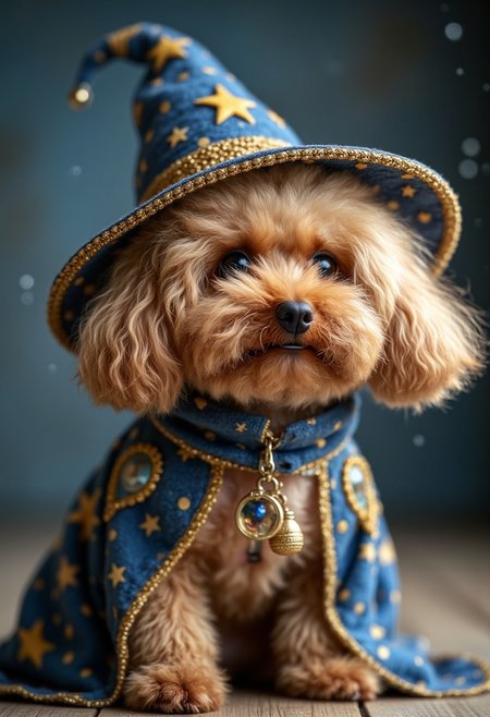 a playful, adventurous depicts a cute little poodle, fei_hk, dressed in a fantastical wizard's costume, gazing out with a look of wonder and curiosity as it embarks on a magical journey through a starry, ethereal landscape. The poodle's fluffy, expressive features and the intricate, detailed costume could lend themselves well to this imaginative, fairytale-inspired interpretation. The overall mood of mystery and enchantment could remain the same, with the poodle protagonist bringing its own unique personality and charm to the scene.,aidmaMJ6.1