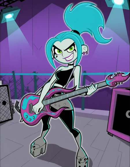 <lora:Ember_McLainIllustrious1.0JLFO:1> emberm, 1girl, blue hair, earrings, jewelry, ponytail, makeup, green eyes, solo, smile, lipstick,guitar, grin, holding,  colored skin, choker, looking at viewer,  cowboy shot, masterpiece, best quality, amazing quality, very aesthetic, absurdres,full body, platform footwear,