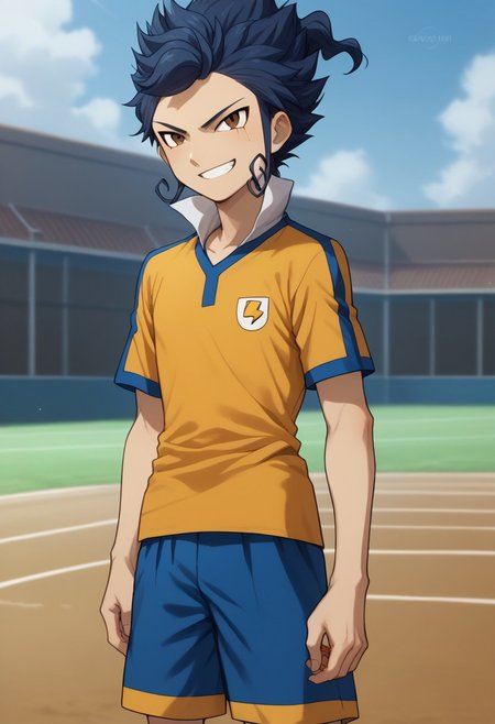 score_9, score_8_up, score_7_up, source_anime, highly detailed, 
tsurugi, 1boy, male focus, solo, blue hair, brown eyes, sportwear, raimon, raimon soccer uniform, shirt, yellow shirt, short sleeves, shorts, blue shorts, upper body, grin
outdoor,