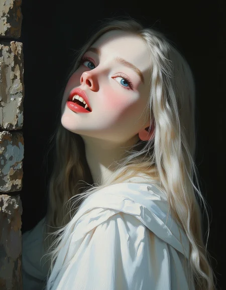 masterpiece, high quality, Oil Painting, Hyper-realistic, close up portrait of young teen Antient Greek vampire girl standing inside a Greek Temple at night. Her face is a pale, almost translucent white, and colorless except for her lips which are painted a vivid red. The lips are slightly parted, revealing sharp, gleaming white vampire fangs. Her long blond hair flow down her back. She has enchanted blue eyes. She wears a simple white toga over one shoulder. Her expression is curious, her head tilted slightly upward. Soft pale light filters through, illuminating her face and creating gentle contrasts in the scene. Her body is skinny and petite. brush strokes, warm light, magic, extremely coherent, cute, beautiful, cinematic, stunning, creative, positive, cheerful, unique, cool, inspiring, pure, rational, very inspirational, friendly, thought, glowing, magical, perfect, intricate, wonderful, lovely, novuschroma, del1cate_balance style, in the style of Rembrandt. FS, vantablack <lora:style_of_Rembrandt_FLUX_135:.8> <lora:- Flux1 - vanta_black_V2.0:.8> <lora:Delicate_Balance:.3> <lora:neeeg_f1:-1> <lora:113_novuschromaFLX_1:.2> <lora:FluxF4ngs:.8>