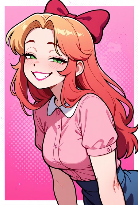 <lora:elizabafton-10:1> elizabafton, 1girl, red hair bow, long hair,  blonde hair, green eyes, short sleeves, hot pink buttoned shirt, blue skirt,  pink background, medium breasts, lipstick, smile, teeth, half closed eyes,  leaning forward,, masterpiece, best quality, amazing quality, very aesthetic, absurdres, newest,, upper body, halftone effect, white borders, abstract background:1.2,