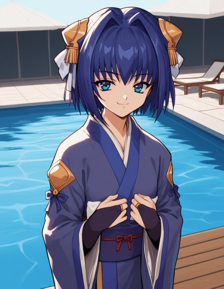 score_9, score_8_up, score_7_up, source_anime, <lora:daiakuji-yume-ova-ponyxl-lora-nochekaiser:1>, yume, short hair, blue eyes, hair ornament, blue hair, hair intakes, ribbon, hair ribbon,, long sleeves, japanese clothes, bridal gauntlets,, poolside, chairs, sun, towels, relaxation, , smug, looking at viewer, solo,, dutch angle, cowboy shot