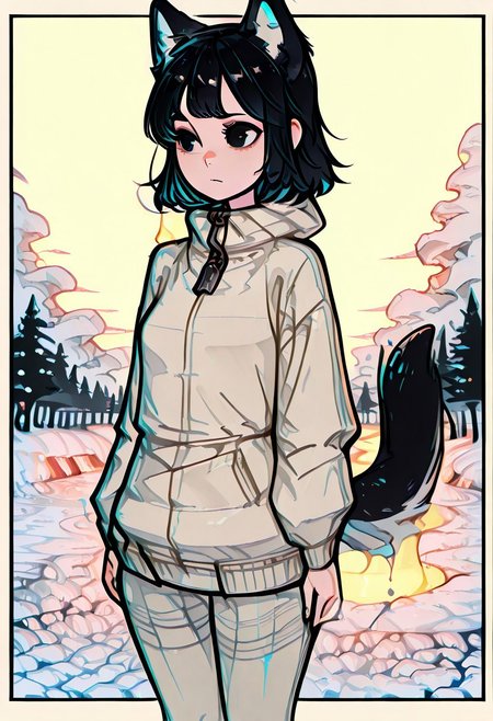 masterpiece,best quality,amazing quality,  1 woman 25yo, in a snow field, black hair, wolf ears, wolf tail (flat cute color 0.9), thick clothes
white outline glow, chromatic aberration, high res image, high res image
