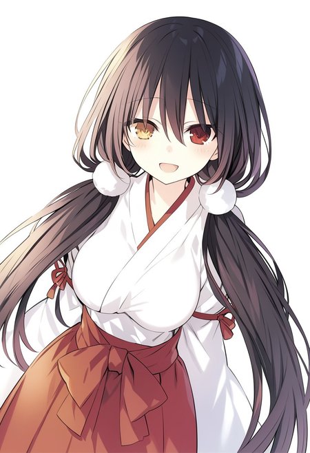 8k, highres,novel illustration,best quality, masterpiece, highly detailed,1girl,solo,date a live,tsunako,tokisaki kurumi,long hair,black hair,twintails,low twintails, heterochromia,clock eyes,symbol-shaped pupils,yellow left eye, red right eye, breasts,medium breasts, floating_hair, 
jyojifuku, miko, red hakama,
smile, open mouth, standing,  looking at viewer, outdoors, (high angle:1.5)