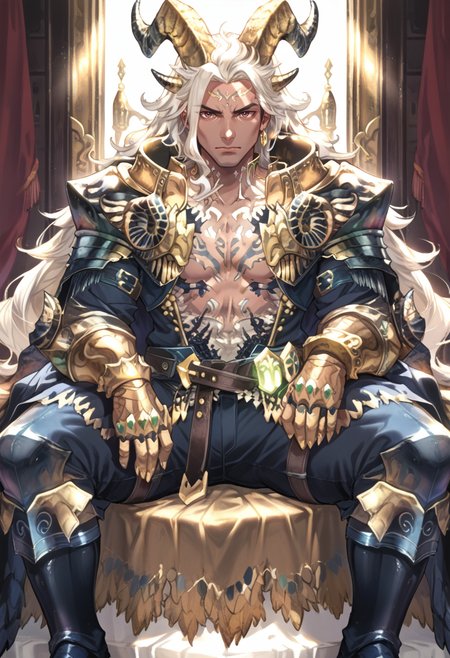 (score_9:0.9),score_8_up,score_7_up,rating_safe,anime style,(zPDXL),<lora:EX Kulve Taroth Alpha male ponyXL v1:0.8>,ex kulve taroth alpha armor,1boy,solo,gold horns,dark-skinned male,sitting,grey hair,very long hair,looking at viewer,closed mouth,male focus,large pectorals,muscular male,gold pauldrons,gold gauntlets,black knee boots,