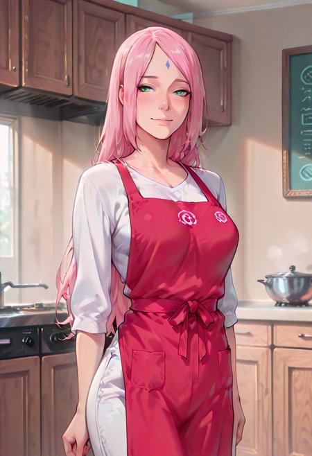 (score_9, score_8_up, score_7_up), 1girl,mature girl,25yo,sakuraharuno, very long hair, mild, pink hair, green eyes, blue forehead mark,medium breasts,natural breasts, wearing red apron, spiral symbol on apron, uzumaki symbol,white pants, blushing softly with a shy yet alluring expression, standing indoors with a cozy yet elegant room as the background, warm and soft lighting, highly detailed and polished, perfect light,anime-style, ultra-detailed, vibrant colors, high-quality shading, semi-realistic lighting,solo, european style, Expressiveh,easynegative