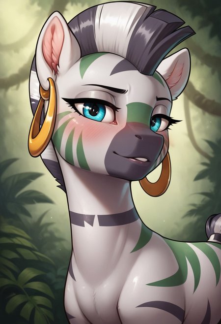 score_9, score_8_up, score_7_up, score_6_up, realistic illustration, dramatic angle, jungle, outdoors, close view, 1girl, solo, zecora, feral, pony, tail, shiny skin, standing, dramatic angle, dynamic pose, earrings, facepaint, (green stripes facepaint:1.2), green camouflage stripes on body, looking at you, seducing, seduce, inviting look, blushing