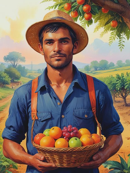 impactful color paint of A full bodyA farmer with a fruit basket in his hand-ilustration watercolor cartoon-mysterious -illustration for childrens-whitout background,  <lora:Bold_Pop:0.6> ...........  highly detailed, vibrant colors , 8k, sharp, professional, clear, high contrast, high saturated, , vivid deep blacks, crystal clear