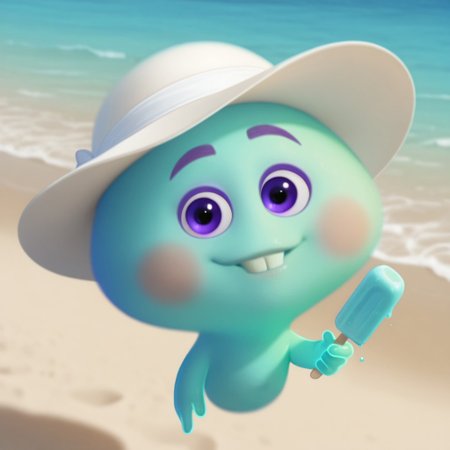 8k, uncensored, masterpiece, best quality, highly detailed, realistic, 1girl, solo, TTSoul, humanoid, floating, legless, purple eyebrows, purple eyes, pink blush stickers, light-aqua body, light-aqua lips, buckteeth, smile, closed mouth, (beach, water, sand, front view, detailed background, holding popsicle, 4 finger, looking at viewer, happy, tan sun hat