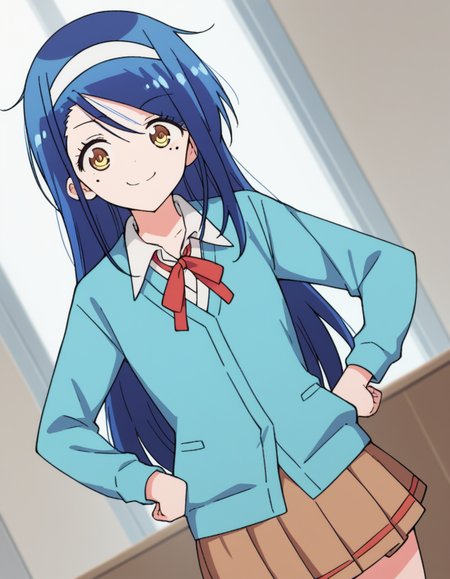 score_9, score_8_up, score_7_up, source_anime, <lora:fumino-furuhashi-s2-ponyxl-lora-nochekaiser:1>, fumino furuhashi, long hair, brown eyes, blue hair, yellow eyes, hairband, mole, mole under eye, white hairband,, skirt, shirt, long sleeves, school uniform, pleated skirt, kneehighs, neck ribbon, brown skirt, cardigan, blue cardigan, collared shirt,, indoors, smug, smile, looking at viewer, solo, hands on hips,, cowboy shot, dutch angle