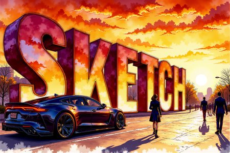 <lora:Vibrant_watercolor_v.21:0.99> A digital watercolor sketch featuring an urban scene. (The clearly visible towering reflective text  ("SKETCH") are rendered with intricate, detailed reflections that catch the orange and red hues of the fiery sunset, each panel edge emphasizing the surreal quality of the installation). The sky is filled with intricate dramatic clouds swirling in vivid shades of gold and crimson, amplifying the intensity of the sunset. The street is depicted with sharp, angular shadows stretching across the pavement, while the stylish stance car and lonely sophisticated pedestrians are outlined with bold, defined lines that highlight their movement and interaction with the environment. Each character is illustrated with expressive features, wrapped in the dramatic lighting of the scene, giving them a sense of urgency and purpose as they walk under the oversized, reflective letters.