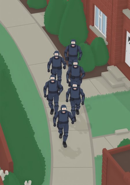 overhead perspective g00se art with smooth textureless style with muted pastel palette of, A group of heavily armored personnel in navy tactical gear, helmets labeled âHOA,â march in formation through a quiet suburban neighborhood, their presence contrasting with the serene residential backdrop of brick houses and neatly manicured lawns.<lora:g00se.safetensors:1.0:1.0>