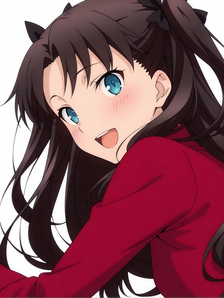 masterpiece,best quality,newest,1girl,solo,
anime screencap,<lora:T_Rin_ilxlv1.3:1>,t_rin,two side up,black hair bow,black hair,blue eyes,r_clothes,turtleneck,long sleeves,red shirt,
<lora:Fixhands_anime_bdsqlsz_V1:1>,open mouth,:d,blush,simple background,white background,looking_at_viewer,looking_back,from behind,from_back,upper_body,