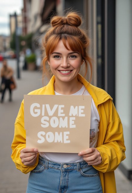 very cute twintail hair  woman wearing casual outfit holding a sign "give me some buzz ",