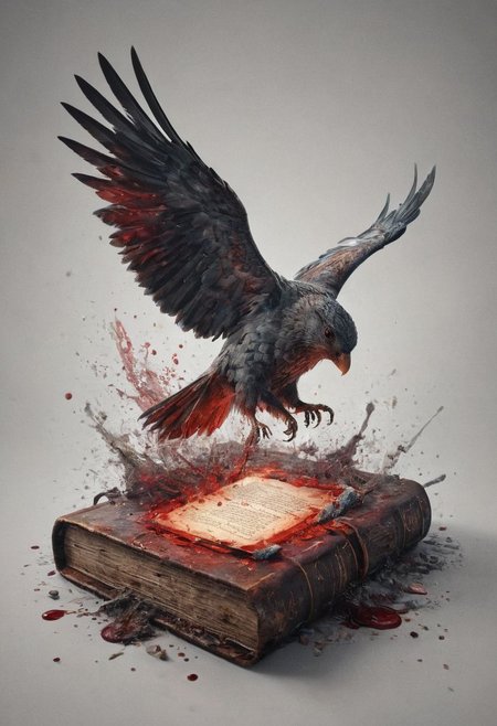 A detailed dramatic illustration of the holy book Bible for t-shirt design, white background, with red color dark magic splash, dark ghotic, 3D Vector Art, fantasy art, watercolor effect, bokeh, Adobe Illustrator, hand-drawn, digital art, bird's eye view, isometric style, retro aesthetic, focused on the character, 4K resolution, photorealistic rendering, using cinema 4D 
Wide range of colors., Dramatic,Dynamic,Cinematic,Sharp details
Insane quality. Insane resolution. Insane details. Masterpiece. 32k resolution.
<lora:add-detail-xl:0.95> <lora:dvr-lnds-sdxl:0.3> dvr-lnds-sdxl <lora:MJ52:0.25> <lora:ral-apoctvisn-sdxl:0.3> ral-apoctvisn <lora:zavy-cntrst-sdxl:0.35> dark, chiaroscuro, low-key <lora:zavy-rmlght-sdxl:0.41> zavy-rmlght <lora:SDXLFaeTastic2400:0.225>