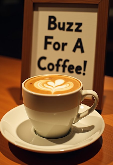 A single coffee on a dinner plate on a table, with a sign next to it saying text ''Buzz For A Coffee!'' cinematic shot,