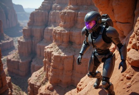 An advanced sci-fi exoskeleton suit, dark grey in color, climbing rugged rock formations in a rocky, orange canyon landscape. The exosuit's wearer stands on the edge of a cliff, scanning the horizon with a purple-shining visor, casting an otherworldly glow. From a side profile, the exoskeleton's sleek frame is accentuated by smooth armor plates, with subtle, integrated compartments across its limbs. A close-up of the helmet reveals intricate circuitry and a glowing data port, continuously transmitting information back to base. The scene is highly detailed, capturing the harsh, gritty environment with a cinematic backlight and dramatic depth of field that enhances the tension of the rocky terrain.
scifi robot
Midjourney_Whisper
The lighting enhances her features, creating a soft interplay of light and shadow, while the high-resolution quality captures every detail with photorealistic clarity