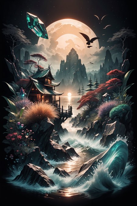 <lora:Calligraphy-ink-style-darquelilly-v1:1> calligraphyinkstyle, different flowers and gemstones, diamonds, rubies, zirkons, emeralds, aquamarins, harmonic fusion, volumetric lighting, night time, moonlight reflects in the water, black background, <lora:Crystals:0.7> crystalz