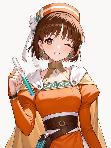 masterpiece,best quality,newest,
1girl,solo,
<lora:Elfir_Traum_ilxl_v1.2:1>,e_hat,elfir_traum,short hair,brown hair,brown eyes,e_clothes,
<lora:Fixhands_anime_bdsqlsz_V1:1>,looking_at_viewer,face_focus,white_background,simple_background,holding test tube,parted lips,;d,