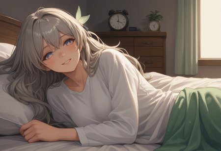 score_9, score_8_up, score_7_up, socre_6_up, score_5_up, best quality, expressive eyes, perfect face, ratting_safe, , d3p1x3l, pixel art, scenery, solo,score_9,score_8_up,score_7_up, solo, soft light, high res, super detailed, 1girl, bedroom, alarm clock, morning routine, , smile, blush, looking at viewer, laying, on bed, dynamic pose, solo, cowboy shot, white loose shirt, blanket over body, Firefly_Honkai,, , grey hair, long hair,