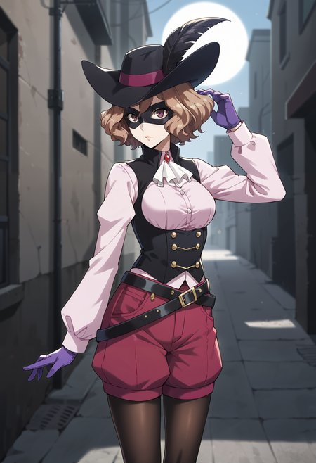 score_9, score_8_up, source_anime
1 girl, solo, cute face,
p5haru, brown hair, short hair, wavy hair,
p5haru-noir, hat, hat feather, domino mask, ascot, pink shirt, long sleeves, vest, underbust, magenta shorts, puffy shorts, legwear under shorts, black pantyhose, purple gloves, belt, bandolier,
outside, cowboy shot, dark, nighttime, alley, street, shadows, full moon, starlight, dramatic pose,
masterpiece, best quality, ultra detailed,