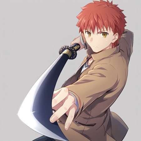 score_9, score_8_up, score_7_up, source_anime,  shirouemiya, 1boy, male focus, homurahara academy school uniform, solo, school uniform, yellow eyes, red hair, jacket, long sleeves, brown jacket, shirt, short hair,
<lora:gatotsu-stance-ponyxl-lora-nochekaiser:1>, gatotsu stance, weapon, sword, katana, holding weapon, holding, holding sword, foreshortening,