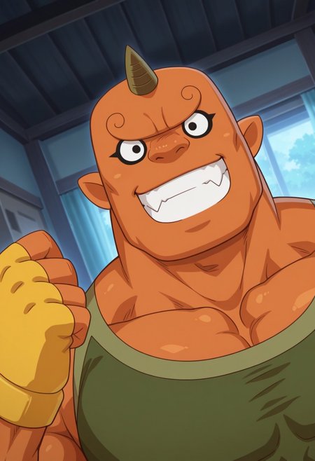 Sgt Burly, solo, single horn, oni, perfect eyes, perfect face, orange skin, black eyes, grin, muscular male, bara, manly, mature, large pectorals, dynamic angle, face focus, portrait, green tank top, yellow fingerless gloves, unparalleled masterpiece, best quality, amazing quality, very aesthetic, high resolution, 4K, extremely-detailed, depth of field, high sharpness, newest, scenery, detailed skin, detailed muscles, cinematic lighting, <lora:Sgt_Burly:0.9>