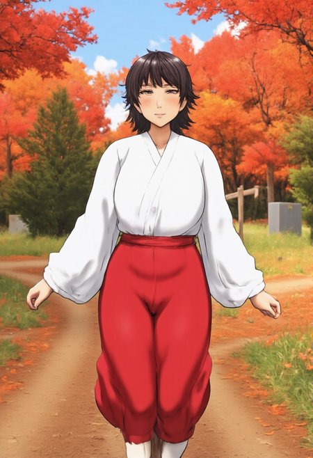 The image depicts an anime-style female character with long, flowing dark hair and a gentle smile. She is dressed in traditional Japanese attire, specifically a miko outfit, which includes a white haori (a kimono-style jacket) with red accents and red hakama (wide-legged pants). The setting appears to be outdoors during autumn, as the background is filled with vibrant red, orange, and yellow leaves. The character's pose is relaxed, and she seems to be walking along a path surrounded by fallen leaves. The overall mood of the image is warm and serene, capturing the essence of an autumn day.
