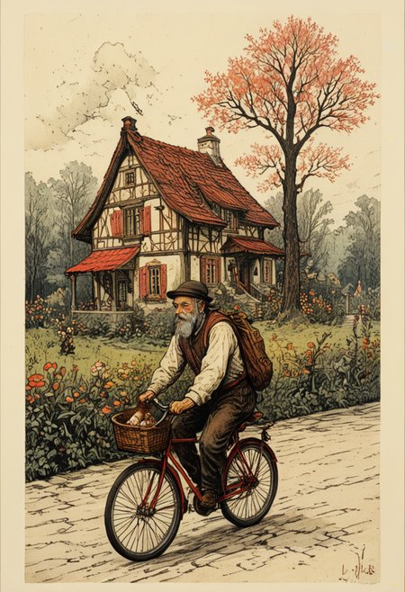 an illustration of a man riding a bicycle in front of a house with a cat sitting on the back of the bike, Anton Pieck style, Efteling, Anton Pieck style, Efteling, Anton Pieck Style, wdblkCE_style, idyllic, romanticized, mood, serene, magical, quiet, peaceful hopeful. pink red yellow white :: rough strokes, gritty, gangly, dark :: Lovely, dynamic, cute
