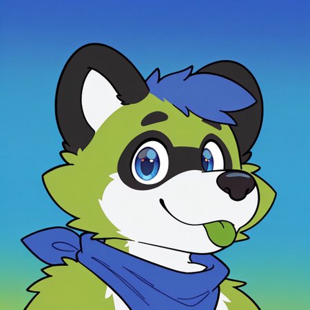 best quality, amazing quality, high resolution, masterpiece, very aesthetic, absurdres, newest, simple art, furry, furry male, anthro, ((outlines, flat colors)),
syuro, chun13, zuppu11, (((detailed eyes)), blue background, gradient background, smile, half open eyes, (((green tongue, blep))), looking at viewer, (((portrait, dynamic face))), blue bandana, (((contrast, colorful))), ((single angle)),
lim3, ((((tanuki, raccoon dog)))), ((black eyeliner, black eyebrows)), (((green body, white fur))), (((better quality))), black ears, white inner ear, black nose, blue hair, blue eyes,
ear ring, ear piercing, nose piercing, nose ring, gold piercings