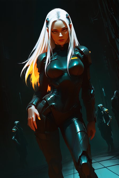 HDR, 8K, high contrast,masterpiece,best quality,amazing quality,very aesthetic,high resolution, masterpiece, best quality, good quality, very awa, very aesthetic, absurdres, newest, sketch painting, (digital art:1.3), (concept art:1.2), very smooth,  flat color, artistic, (sfw:1.7), 
(solo focus:1.6), realism, realistic, 25 yo woman, white hair,  realistic skin, (translucent black clothing covering her body:1.2),glowing hair, android being repaired,
w3stc0m1cs, comic style, suspended in science fiction machine,  artistic , armour up sequence,
 colored lights, high contrast, (contrapposto:1.5), concept art, interesting dutch angle, good composition,
dutch angle, cinema epicness, cinema epicness, fashion elegance, tattoo, urbanism, chaotic mix of styles,
<lora:add-detail-xl:2.0> <lora:w3stc0mics6:0.9> <lora:Vo1d_Sp3ctrum-final-v1:0.75>    <lora:ck-Sci-Fi-Concepts-IL:1>