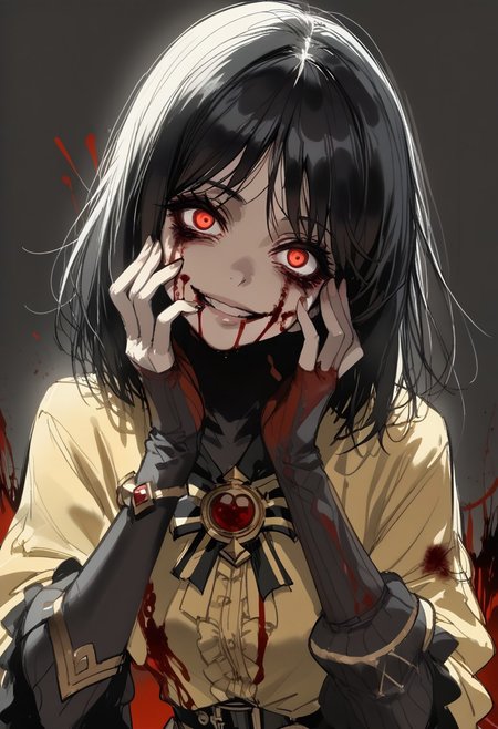 score_9, score_8_up, score_7_up, 
deep skin, skindentation, highres, highly detailed, high resolution, high quality, highres,
source_anime, anime screencap, saturation, vivid colors, 
1girl, solo, cowboy shot, 
black hair, red eyes, medium hair, (messy hair:0.8), bags under eyes,
(yellow steampunk dress:1.1), (magical girl dress:1.1), (brown shorts:1.2), roll out shorts, black tights, long black sleeves, utility belt,
gesugao, (blood on face, blood on body, excessive blood, bloodied hands:1.2), hands on cheek, (looking at viewer:1.2),
red sketch, (black background:1.2)
