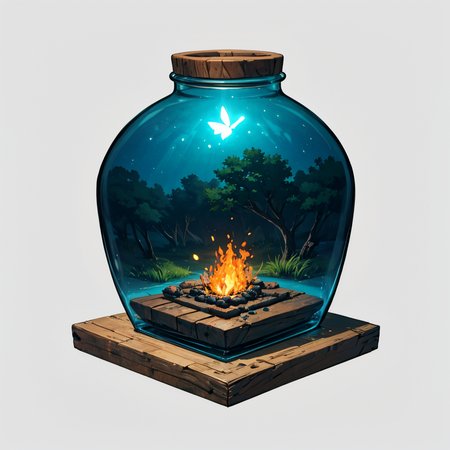 otherworldly, hexagonal composition, glass jar, wooden table, fireflies, night, outdoors, simple background  <lora:hexagon_composition_03:0.6>