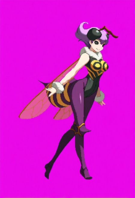 masterpiece, best quality, solo, 1girl, smile, looking at viewer, <lora:Dengeki_Bunko-illus_Fp:1>, full body, pixel art, simple background, <lora:Qbee-illus_Fp:1>, qbee, arthropod girl, antennae, short hair, purple hair, black eyes, insect wings, leotard, purple pantyhose, fur collar, fur cuffs,