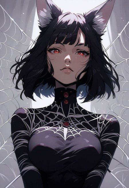 score_9, score_8_up, score_7_up, source_cartoon, looking at viewer, hourglass figure, face focus,
1 girl, solo girl, fox girl, fox ears , pretty face, cute girl, large breasts, black hair, short hair, red eyes, arachne, long black nails
spider webs,
black liquid dress, cowboy shot,