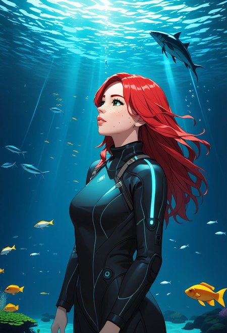Duskfallcrew Art Style,  1girl,  solo,  long hair,  looking at viewer,  green eyes,  red hair,  parted lips,  water,  lips,  leaf,  looking up,  monster girl,  partially submerged,  freckles,  fish,  underwater,  air bubble, oceanscape, , cyberpunk, soft lighting,  best illustration,  cinematic angle, cinematic lighting, masterpiece,  official art,