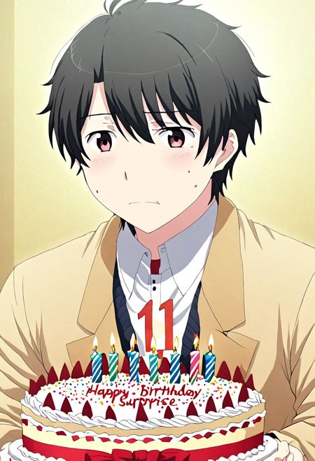 high resolution, solo, best quality, 1Boy, Inaho Kaizuka, Black Hair, surprisde, birthday surprise, OverallDetail