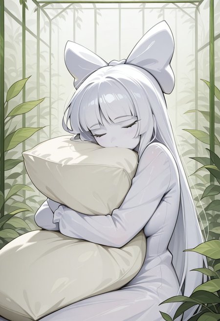 1girl, solo, PA (Sburb.exe), White hair, straight hair, hair bow, blunt bangs, Simple eyes, black eyes, White bow, Colored skin, white skin, voluptuous, in greenhouse, greenhouse background, sleeping, hugging pillow, masterpiece, best quality, amazing quality,