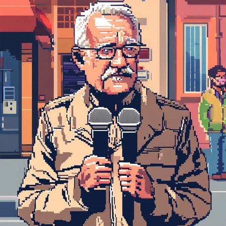 an older man talking to reporters while holding microphones, Pixel Art, 32 bits, highly detailed <lora:pixel_art_lora:1>