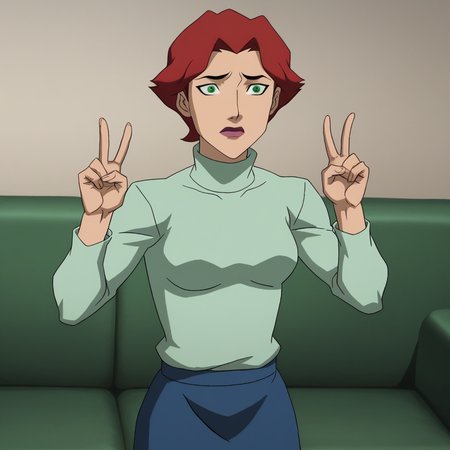 Ugly score_9_up, score_8_up, BREAK, DCAMU, 1girl, solo, red hair, short hair, green eyes, turtleneck sweater, skirt, cowboy shot, double v,  <lora:DCAMU_Style_PXL_Leaf1:1>, indoors, on couch,